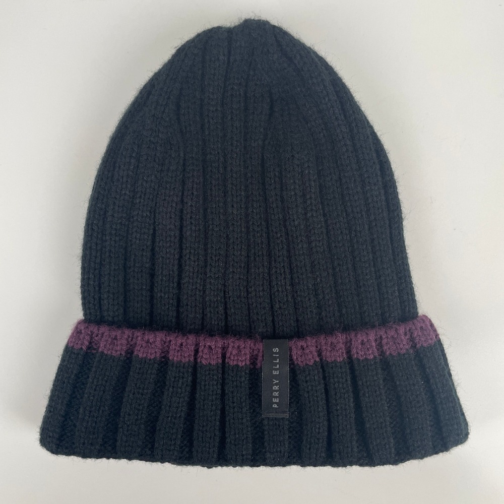 Perry Ellis Mens Black Ribbed Knit‎ Beanie Purple Stripe Folded Cuff Winter Hat